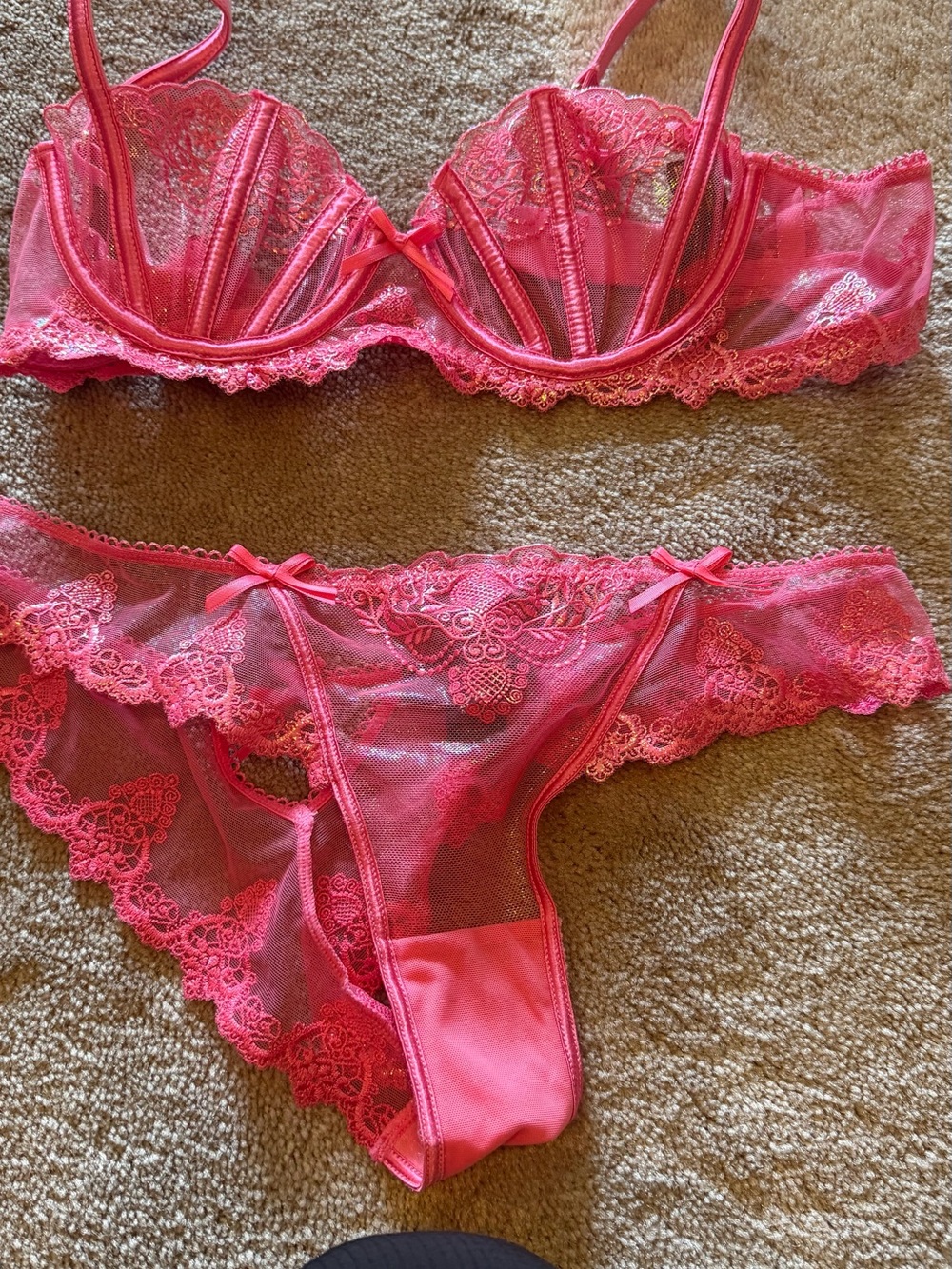 Honey Birdette Hot Pink Sheer Lace Underwire Bra & Cheeky Panty Set